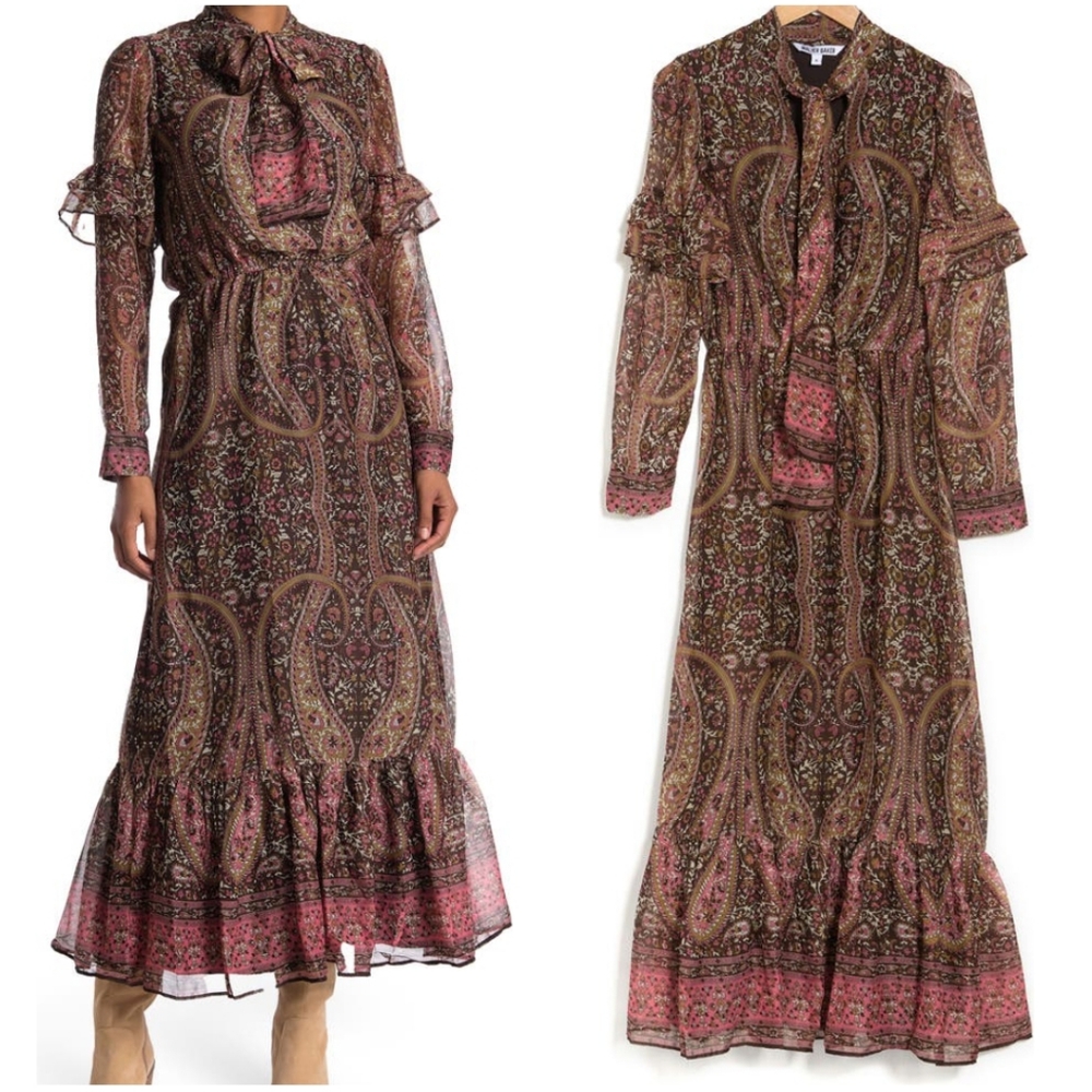 Walter Baker Amelia Paisley Tie Neck Long Sleeve Maxi Dress